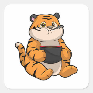 Tiger bij Eten met Bowl Vierkante Sticker