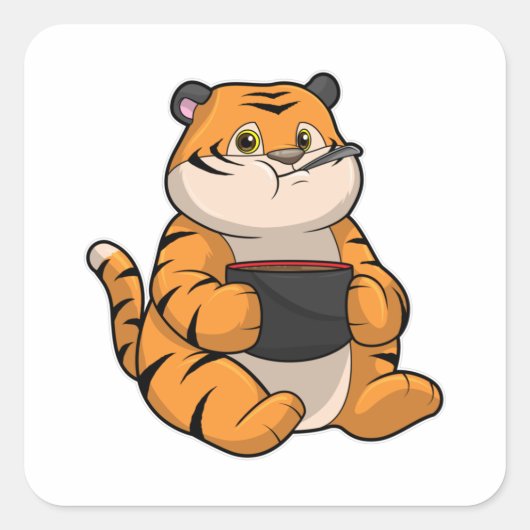 Tiger bij Eten met Bowl Vierkante Sticker (Voorkant)