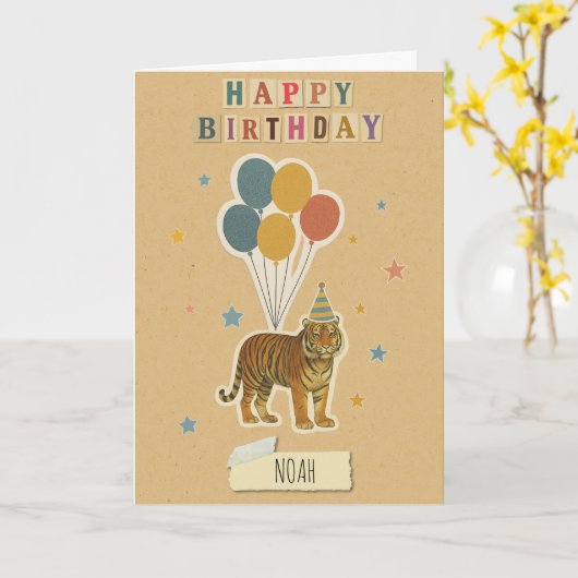 Tiger Birthday Kaart – Persoonlijke naam (Gele Bloem)