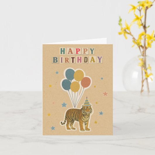 Tiger Birthday Kaart – Retro Collage Style (Gele Bloem)