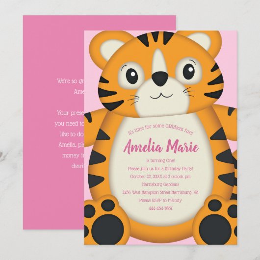 Tiger Birthday Party Pink Kaart (Voorkant / Achterkant)