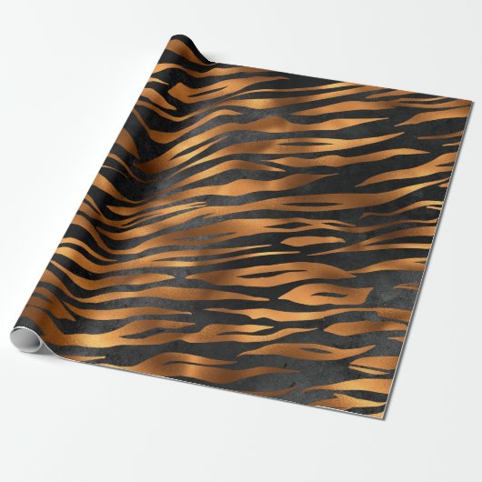 Tiger Copper Black Animal Print Cadeaupapier (Uitgerold)