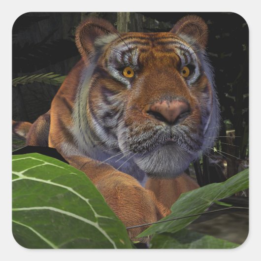 Tiger Crouching in het Oerwoud Vierkante Sticker (Voorkant)