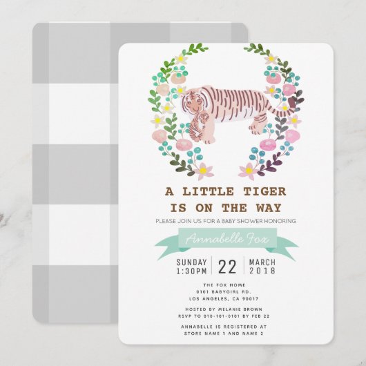 Tiger Cub Floral Wreath Baby shower Uitnodiging (Voorkant / Achterkant)
