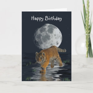 Tiger Cub Wild Cat Full Moon Fantasy Birthday Kaar Kaart
