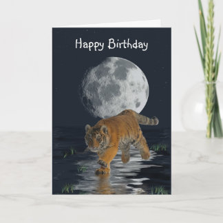 Tiger Cub Wild Cat Full Moon Fantasy Birthday Kaar Kaart