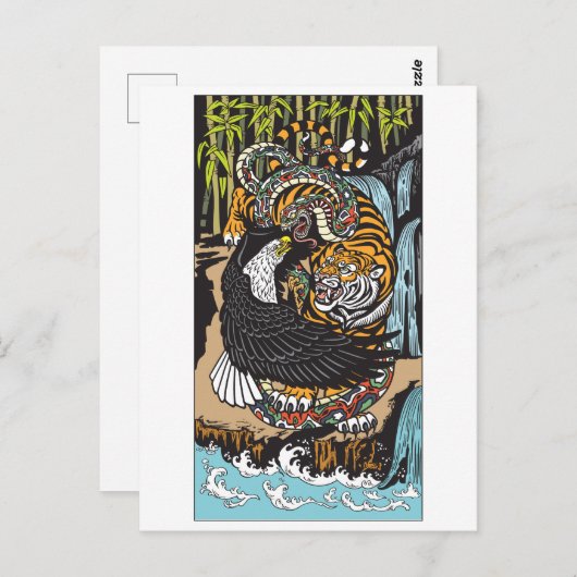 Tiger, Eagle en Snake vechten. Grafische kunst Briefkaart (Voorkant / Achterkant)