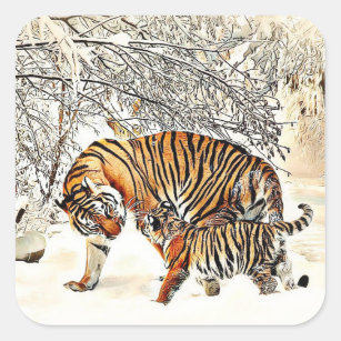 Tiger en haar Cub Winter Day Snowy Bossen Sticker