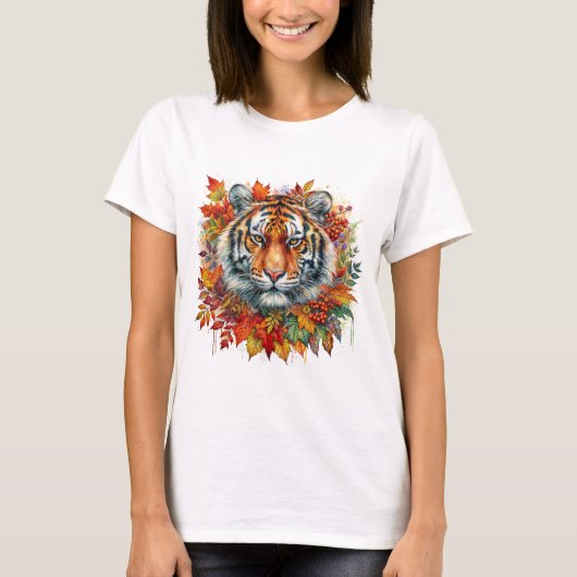Tiger Face Among Fall Leaves T-shirt (Voorkant)