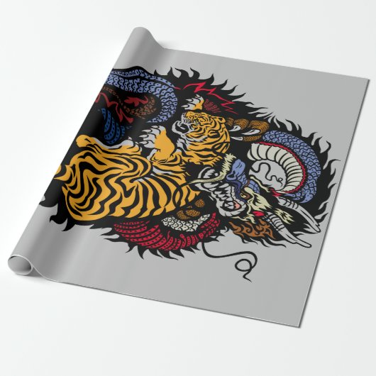 TIGER FIGHTING DRAGON Wrapping Paper Cadeaupapier (Uitgerold)