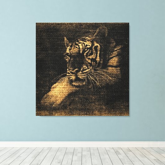 Tiger Fine Art over Burlap Rustic Jute #5 Canvas Afdruk (Insitu (Houten vloer))