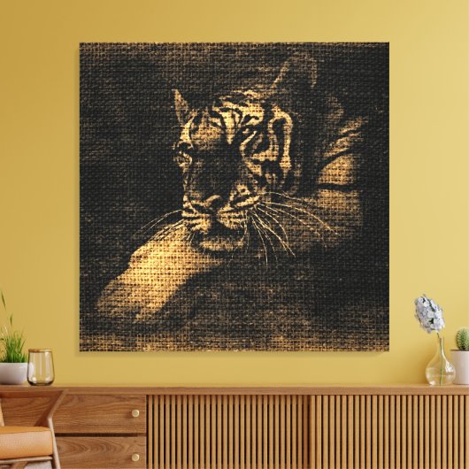 Tiger Fine Art over Burlap Rustic Jute #5 Canvas Afdruk (Insitu (Woonkamer))