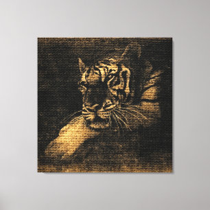 Tiger Fine Art over Burlap Rustic Jute #5 Canvas Afdruk