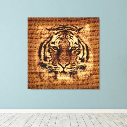Tiger Fine Art over Burlap Rustic Jute Canvas Afdruk (Insitu (Houten vloer))