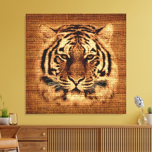 Tiger Fine Art over Burlap Rustic Jute Canvas Afdruk (Insitu (Woonkamer))