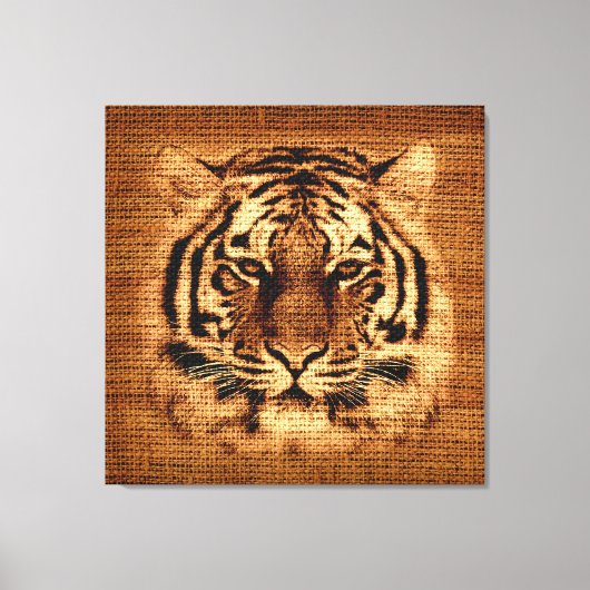 Tiger Fine Art over Burlap Rustic Jute Canvas Afdruk (Voorkant)
