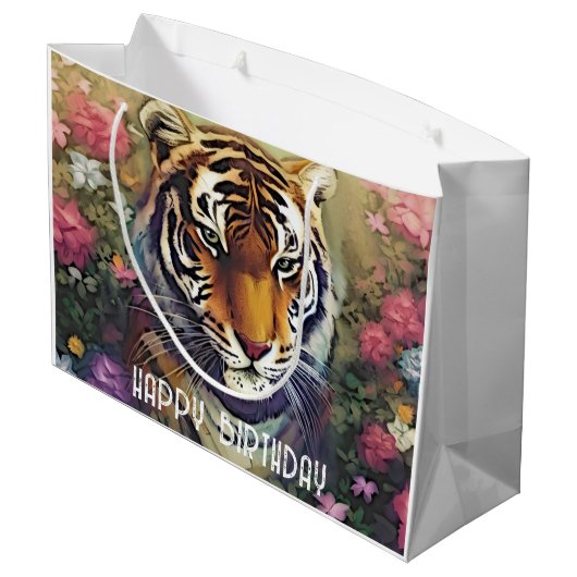Tiger Flower Custom Text Gift Bag Groot Cadeauzakje (Achterkant Gekanteld)