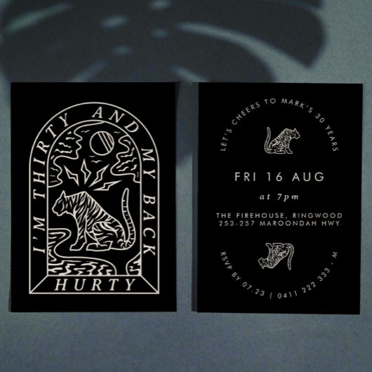 Tiger Funny Back Hurty 30th Birthday Invitation Kaart