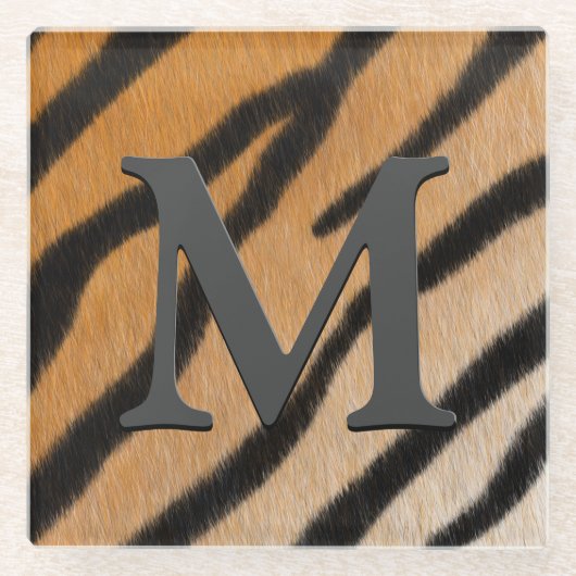 Tiger Fur Realistic Animal Print Monogramed Glazen Onderzetter (Voorkant)