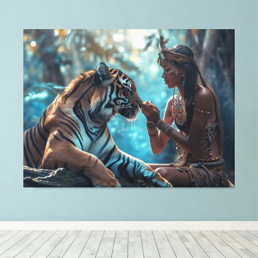 Tiger Goddess - Een vrouw in natuur met tijger Canvas Afdruk (Insitu (Houten vloer))