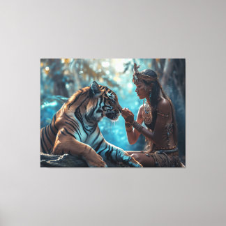 Tiger Goddess - Een vrouw in natuur met tijger Canvas Afdruk