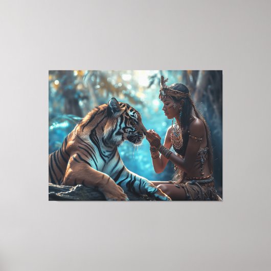 Tiger Goddess - Een vrouw in natuur met tijger Canvas Afdruk (Voorkant)