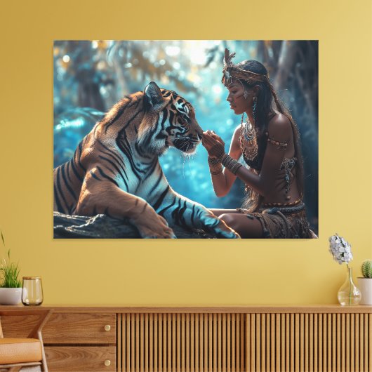 Tiger Goddess - Een vrouw in natuur met tijger Canvas Afdruk (Insitu (Woonkamer))