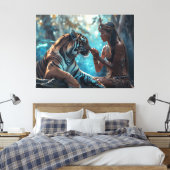 Tiger Goddess - Een vrouw in natuur met tijger Canvas Afdruk (Insitu (Slaapkamer))