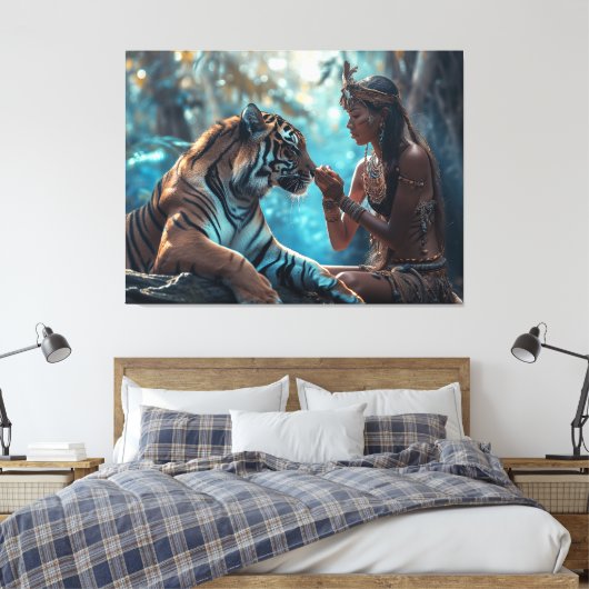 Tiger Goddess - Een vrouw in natuur met tijger Canvas Afdruk (Insitu (Slaapkamer))