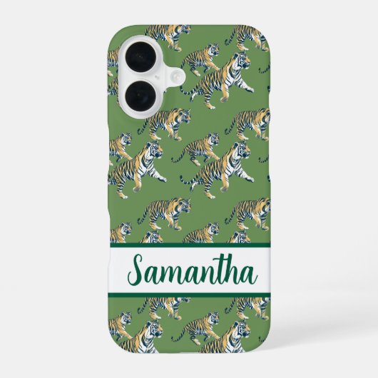 Tiger Green Pattern Gepersonaliseerde naam iPhone 16 Hoesje (Achterkant)