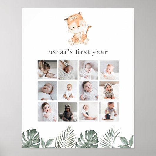 Tiger Greenery 1st Birthday Photo Collage Poster (Voorkant)