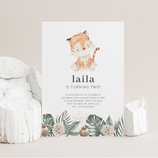 Tiger Greenery Floral Birthday Invitation Kaart