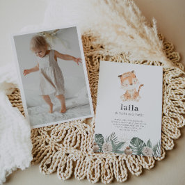 Tiger Greenery Floral Photo Birthday Invitation Kaart
