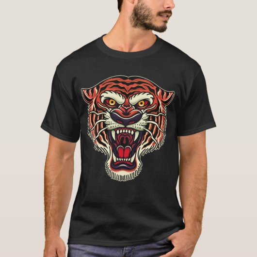 Tiger Head Old School Tattoo Stijl T-shirt (Voorkant)