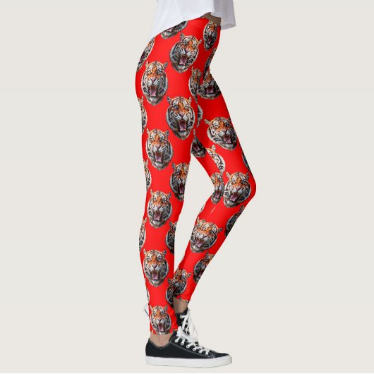 Tiger Head Pattern Design Red Leggings