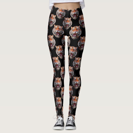 Tiger Head Pattern Design - Zwart Leggings (Voorkant)