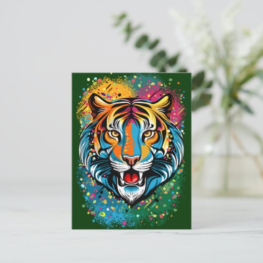 Tiger Head Rainbow colors paint stains Briefkaart (Staand voorkant)
