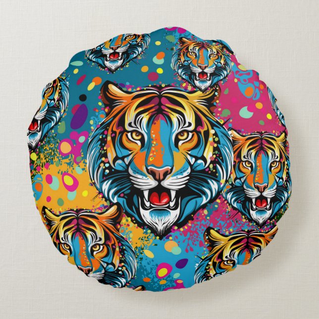 Tiger Head Rainbow colors paint stains Rond Kussen (Achterkant)