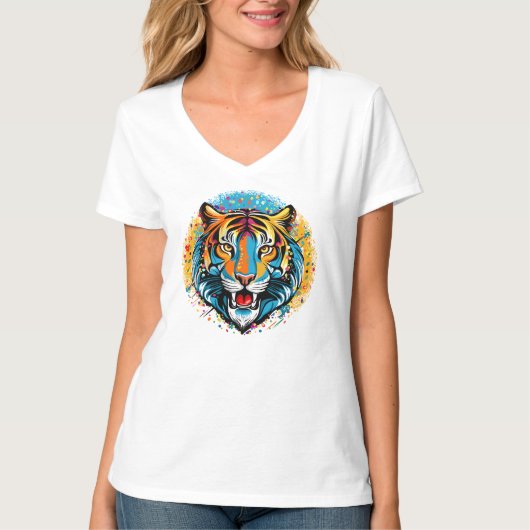 Tiger Head Rainbow colors paint stains T-shirt (Voorkant)