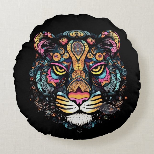 Tiger Head Rond Kussen (Voorkant)