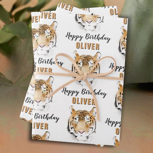 Tiger Head Waterverf Animal Happy Birthday Inpakpapier Vel