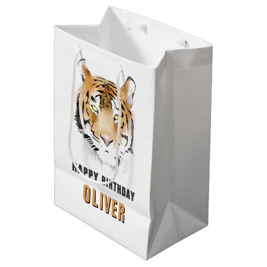 Tiger Head Waterverf Animal Happy Birthday Medium Cadeauzakje (Voorkant Gekanteld)