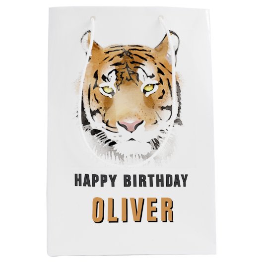 Tiger Head Waterverf Animal Happy Birthday Medium Cadeauzakje (Voorkant)