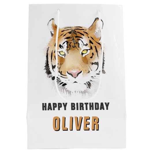 Tiger Head Waterverf Animal Happy Birthday Medium Cadeauzakje (Achterkant)
