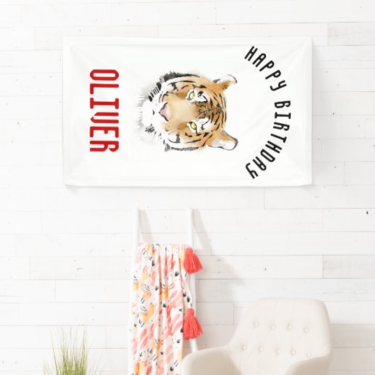 Tiger Head Waterverf Happy Birthday Backdrop Spandoek (Insitu)