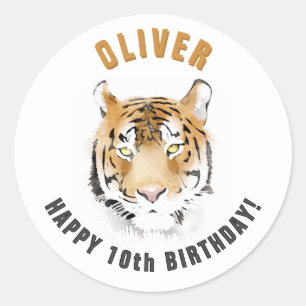 Tiger Head Waterverf Naam Verjaardag Ronde Sticker