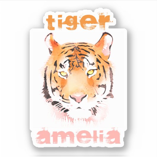 Tiger Head Waterverf Typografie Name Sticker (Voorkant)