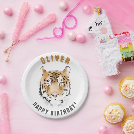 Tiger Head Waterverf Verjaardagsnaam Papieren Bordje (Feest)