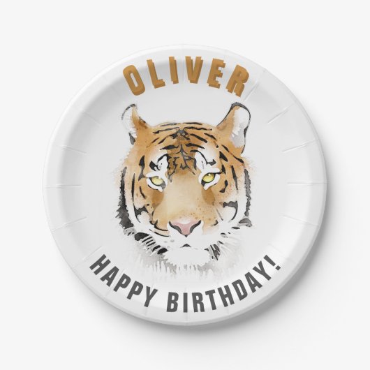 Tiger Head Waterverf Verjaardagsnaam Papieren Bordje (Voorkant)