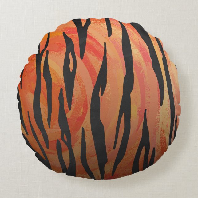 Tiger Hot oranje en zwart afdrukken Rond Kussen (Voorkant)